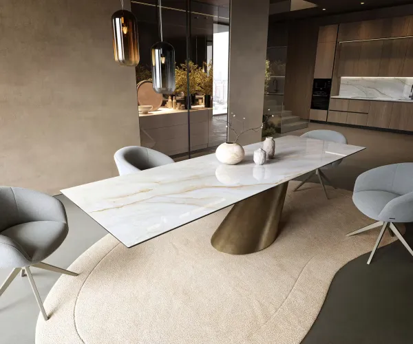 DELIFE Jedálenský stôl Edge 300×100 cm keramika onyx perleťový kužeľ metalická zlatá