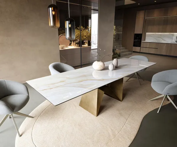 DELIFE Jedálenský stôl Edge 300×100 cm keramika onyx perla origami metalická zlatá