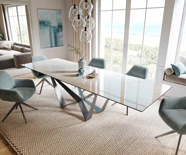 DELIFE Jedálenský stôl Edge 200-300×100 cm keramika onyx šampanské spider plochá oceľ nerezová oceľ grafit rozkladací
