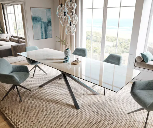 DELIFE Jedálenský stôl Edge 200-300×100 cm keramika onyx šampanské krížová podstava hranatý nerezová oceľ grafit rozkladací