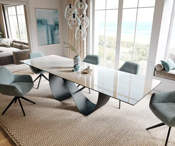 DELIFE Jedálenský stôl Edge 200-300×100 cm keramika onyx champagne infinity kov čierna rozkladací