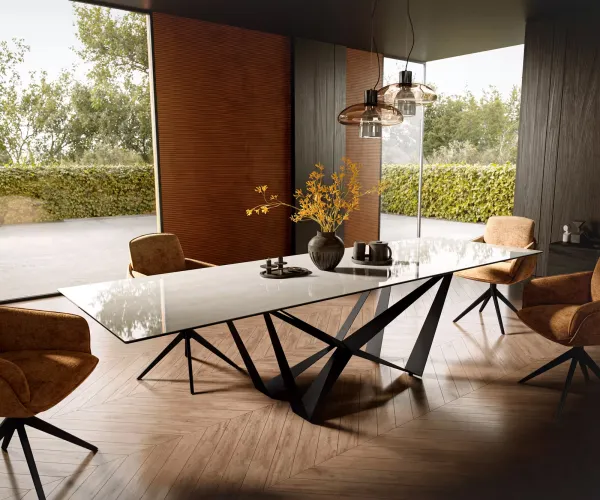 DELIFE Jedálenský stôl Edge 300×100 cm keramika onyx šampanské pavúk plochá oceľ čierna