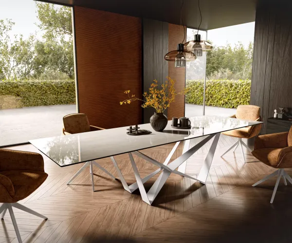 DELIFE Jedálenský stôl Edge 300×100 cm keramika onyx champagne spider kov biela