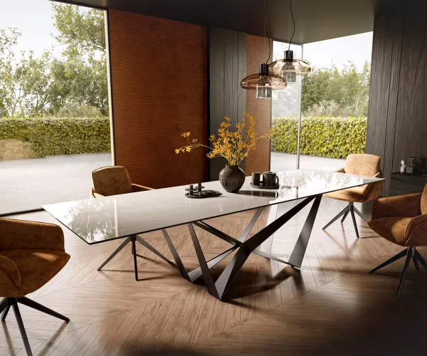DELIFE Jedálenský stôl Edge 300×100 cm keramika onyx šampanské pavúk plochá oceľ nerezová oceľ grafitová