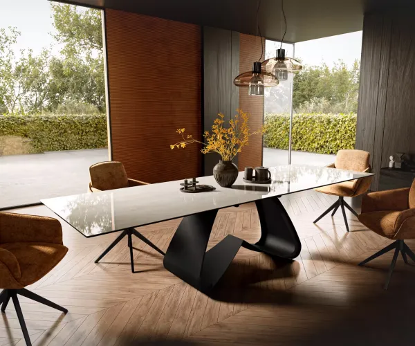 DELIFE Jedálenský stôl Edge 300×100 cm keramika onyx šampanské podstava v tvare W kov čierna
