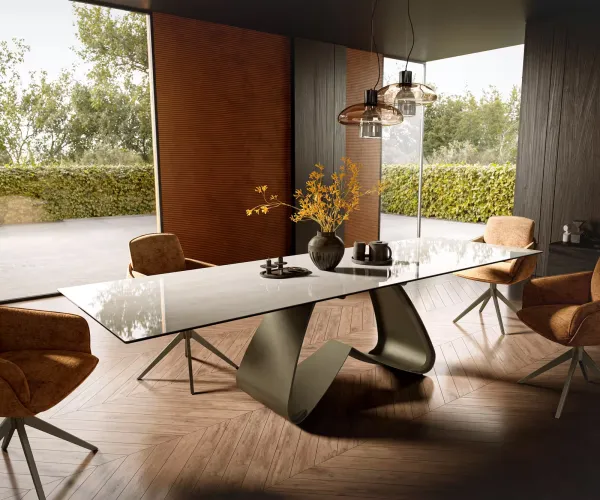 DELIFE Jedálenský stôl Edge 300×100 cm keramika onyx šampanské podstava v tvare W kov titánová farba