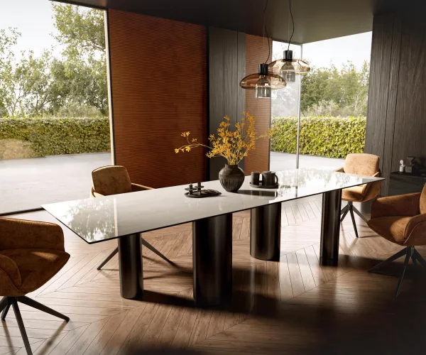 DELIFE Jedálenský stôl Edge 300×100 cm keramika onyx šampanské pilier nerezová oceľ grafit