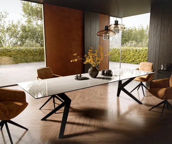DELIFE Jedálenský stôl Edge 300×100 cm keramika onyx champagne Zenthara hranatý kov čierna