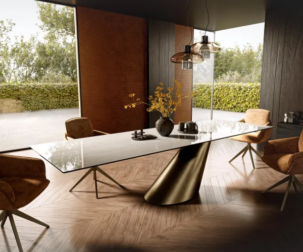 DELIFE Jedálenský stôl Edge 300×100 cm keramika onyx šampanské kužeľ metalická zlatá