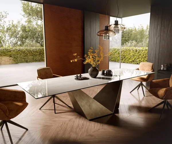 DELIFE Jedálenský stôl Edge 300×100 cm keramika onyx šampanské prizmový metalický zlatý