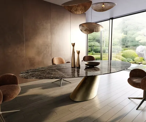 DELIFE Jedálenský stôl Edge oválny 315×150 cm keramika emperador extra lucidato tmavohnedá kužeľ metalická zlatá