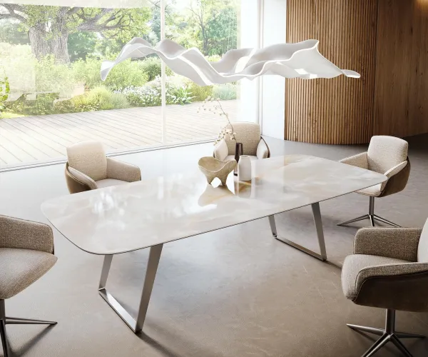 DELIFE Jedálenský stôl Edge zaoblený 270×120 cm keramika Iris FMG Onice Grigio nerezová oceľ skosený