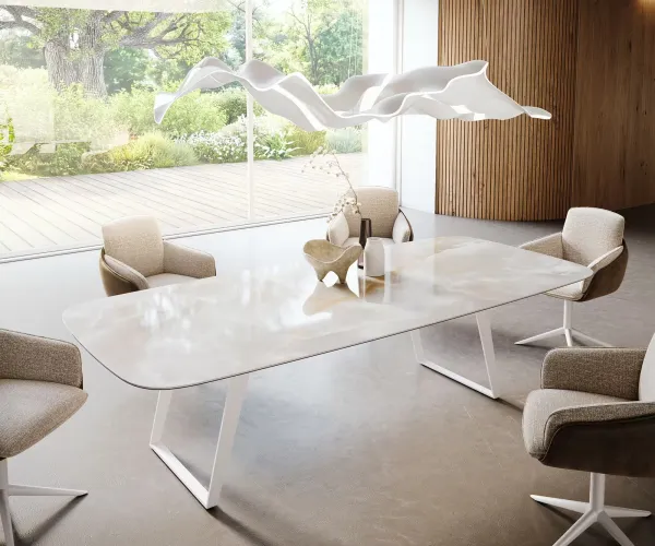 DELIFE Jedálenský stôl Edge zaoblený 270×120 cm keramika Iris FMG Onice Grigio kov šikmý biela