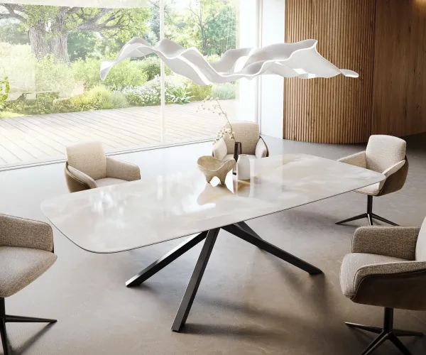DELIFE Jedálenský stôl Edge zaoblený tvar 270×120 cm keramika Iris FMG Onice Grigio krížová podstava hranatý čierna