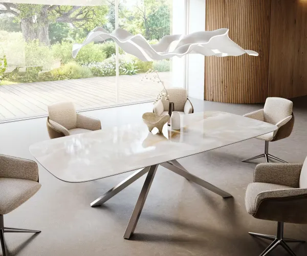 DELIFE Jedálenský stôl Edge zaoblený tvar 270×120 cm keramika Iris FMG Onice Grigio krížová podstava obdĺžniková nerezová oceľ