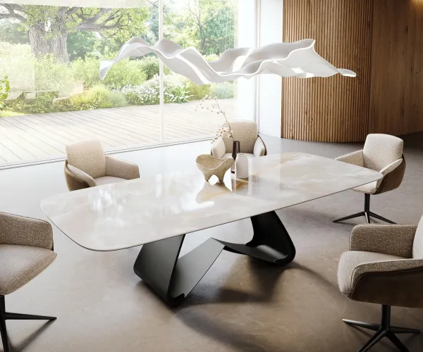 DELIFE Jedálenský stôl Edge zaoblený tvar 270×120 cm keramika Iris FMG Onice Grigio podstava v tvare W kov čierna