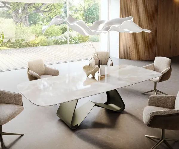 DELIFE Jedálenský stôl Edge zaoblený tvar 270×120 cm keramika Iris FMG Onice Grigio podstava v tvare W kov titánová farba