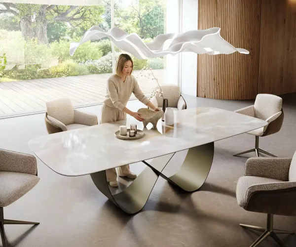 DELIFE Jedálenský stôl Edge zaoblený 270×120 cm keramika Iris FMG Onice Grigio Infinity kov titánová farba efekt