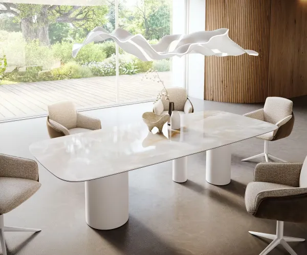 DELIFE Jedálenský stôl Edge zaoblený tvar 270×120 cm keramika Iris FMG Onice Grigio Troa kov biela