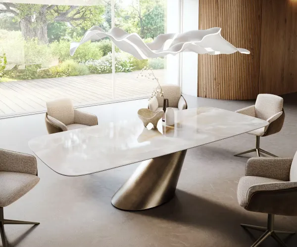 DELIFE Jedálenský stôl Edge zaoblený 270×120 cm keramika Iris FMG Onice Grigio kužeľový metalická zlatá