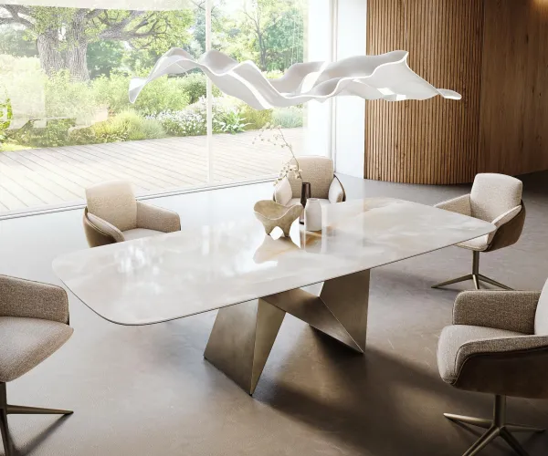 DELIFE Jedálenský stôl Edge zaoblený 270×120 cm keramika Iris FMG Onice Grigio Origami metalická zlatá