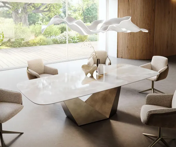 DELIFE Jedálenský stôl Edge zaoblený tvar 270×120 cm keramika Iris FMG Onice Grigio Prisma metalická zlatá