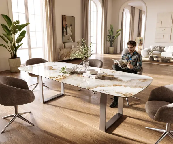 DELIFE Jedálenský stôl Edge zaoblený tvar 260×120 cm keramika Minas Melange bielo-béžová nerezová oceľ úzky