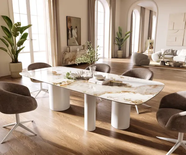 DELIFE Jedálenský stôl Edge zaoblený tvar 260×120 cm keramika Minas Melange bielo-béžová Troa kov biela