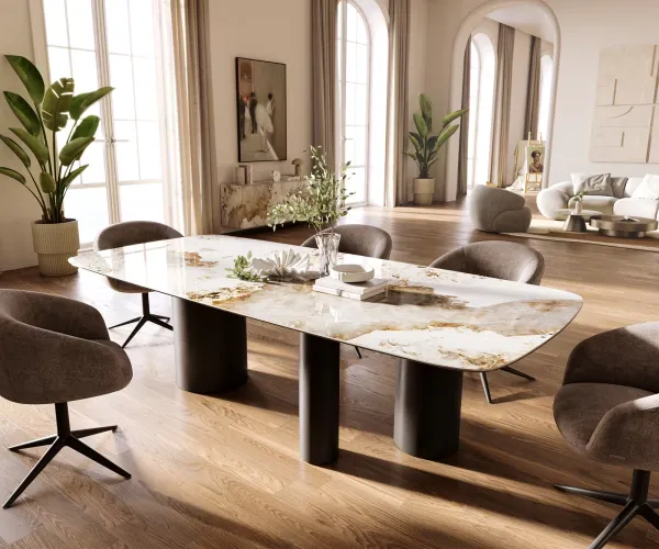 DELIFE Jedálenský stôl Edge zaoblený tvar 260×120 cm keramika Minas Melange bielo-béžová Troa kov čierna