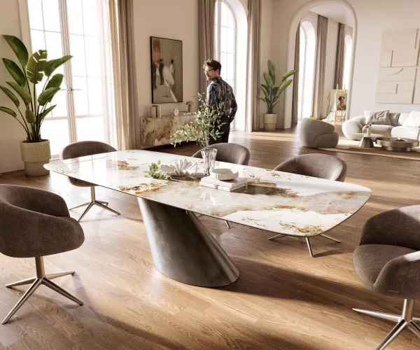 DELIFE Jedálenský stôl Edge zaoblený tvar 260×120 cm keramika Minas Melange bielo-béžová Cono metalická strieborná