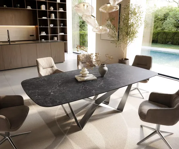 DELIFE Jedálenský stôl Edge zaoblený 240×120 cm keramika Laminam® Nero Greco antracitová pavúk plochá oceľ nerezová oceľ