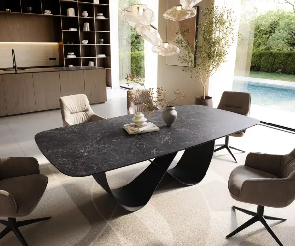 DELIFE Jedálenský stôl Edge zaoblený 240×120 cm keramika Laminam® Nero Greco antracitová Infinity kov čierna