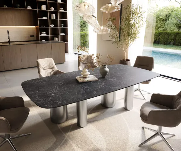 DELIFE Jedálenský stôl Edge zaoblený 240×120 cm keramika Laminam® Nero Greco antracitová pilier nerezová oceľ kefovaná