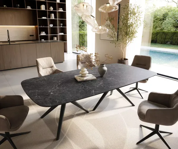 DELIFE Jedálenský stôl Edge zaoblený 240×120 cm keramika Laminam® Nero Greco antracit Estelar okrúhly kov čierna