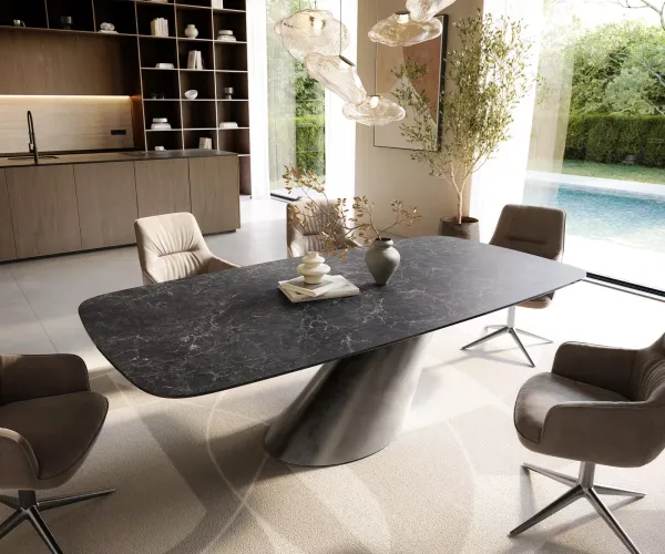 DELIFE Jedálenský stôl Edge zaoblený 240×120 cm keramika Laminam® Nero Greco antracitová kužeľ metalická strieborná