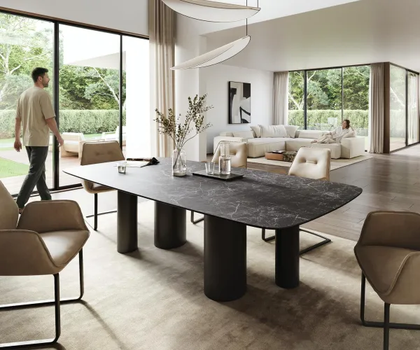 DELIFE Jedálenský stôl Edge zaoblený 260×120 cm keramika Laminam® Nero Greco antracitová pilier kov čierna