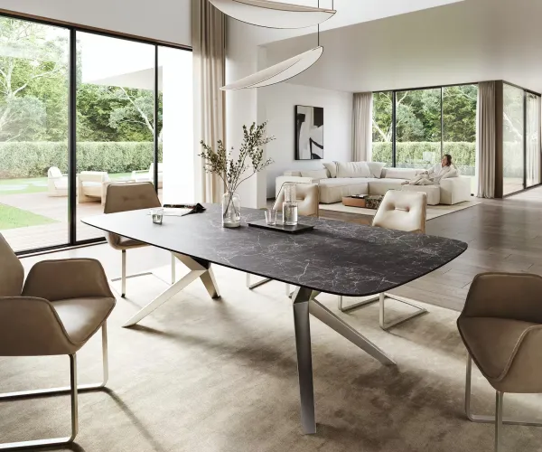 DELIFE Jedálenský stôl Edge zaoblený 260×120 cm keramika Laminam® Nero Greco antracitová Zenthara hranatý nerezová oceľ