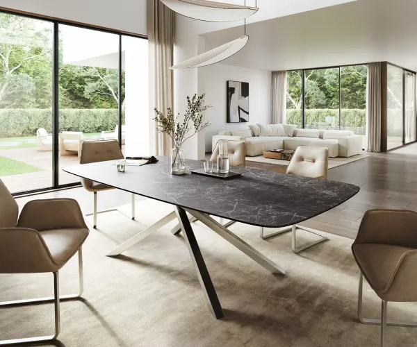 DELIFE Jedálenský stôl Edge zaoblený 260×120 cm keramika Laminam® Nero Greco antracitová krížová podstava nerezová oceľ