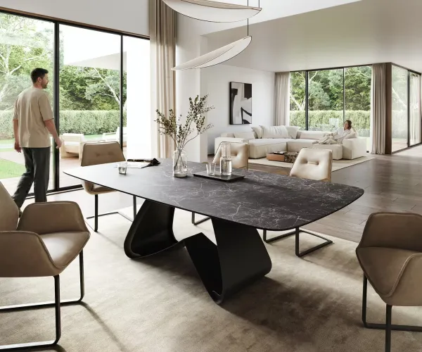 DELIFE Jedálenský stôl Edge zaoblený 260×120 cm keramika Laminam® Nero Greco antracitová podstava v tvare W kov čierna