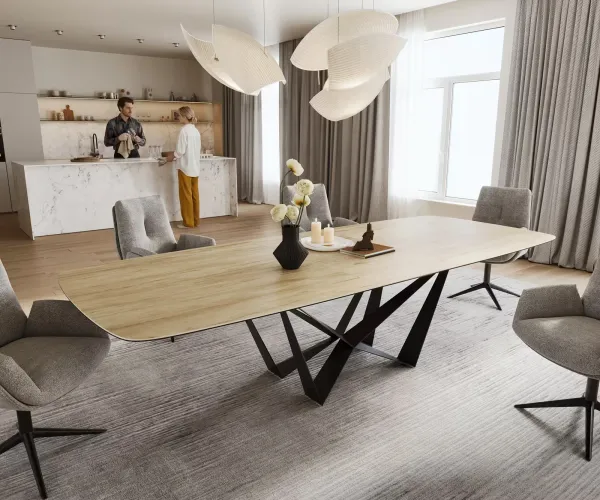DELIFE Jedálenský stôl Edge zaoblený tvar 240-300×120 cm keramika Laminam® sabbia dubová farba pavúk plochá oceľ čierna rozkladací