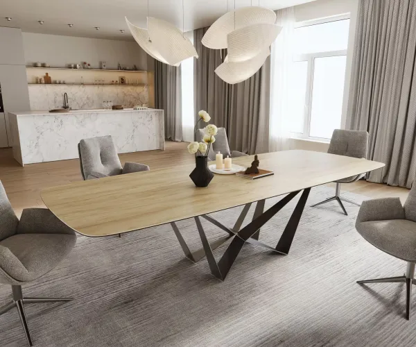 DELIFE Jedálenský stôl Edge zaoblený tvar 240-300×120 cm keramika Laminam® sabbia v dubovej farbe pavúk plochá nerezová oceľ rozkladací