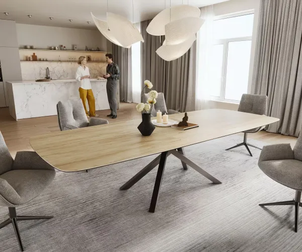 DELIFE Jedálenský stôl Edge zaoblený tvar 240-300×120 cm keramika Laminam® sabbia v dubovej farbe krížová podstava pravouhlý nerezová oceľ grafit rozkladací