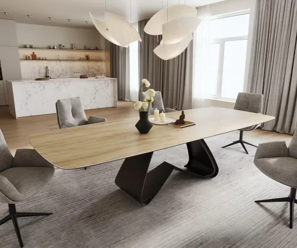 DELIFE Jedálenský stôl Edge zaoblený tvar 240-300×120 cm keramika Laminam® sabbia v dubovej farbe podstava v tvare W kov čierna rozkladací