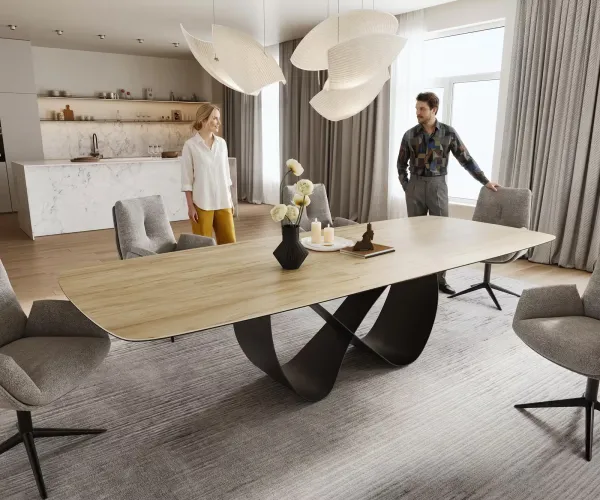 DELIFE Jedálenský stôl Edge zaoblený tvar 240-300×120 cm keramika Laminam® sabbia dubová farba Infinity kov čierna rozkladací