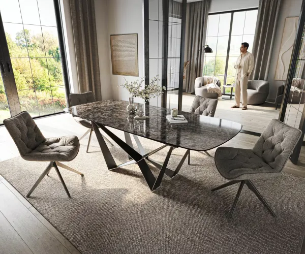 DELIFE Jedálenský stôl Edge zaoblený 180-220×100 cm keramika Emperador Extra Lucidato tmavohnedá Spider plochá oceľ nerezová oceľ grafit rozkladací