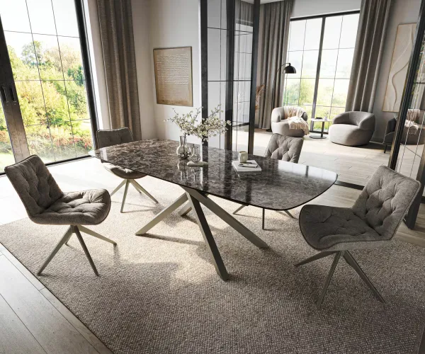 DELIFE Jedálenský stôl Edge zaoblený 180-220×100 cm keramika emperador extra leštená tmavohnedá krížová podstava hranatý titánová farba rozkladací