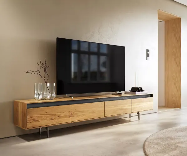 DELIFE TV stolík Stonegrace 240 cm dub prírodný 4 dvierka podstava oválna nerezová oceľ