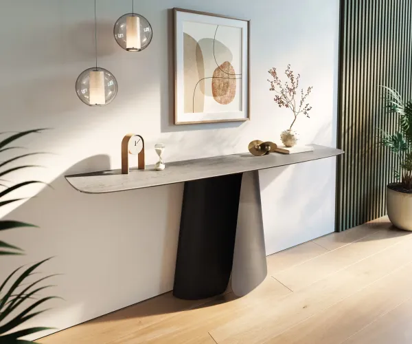 DELIFE Konzolový stolík Edge zaoblený tvar 180×40 cm keramika betón sivá Livos kov čierna