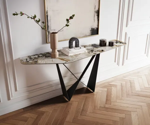 DELIFE Konzolový stolík Edge polygonálny 180×50 cm keramika patagonia leštená Spios kov čierna