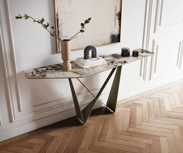 DELIFE Konzolový stolík Edge polygonálny 180×50 cm keramika patagonia leštená Spios kov efektfinish titánová